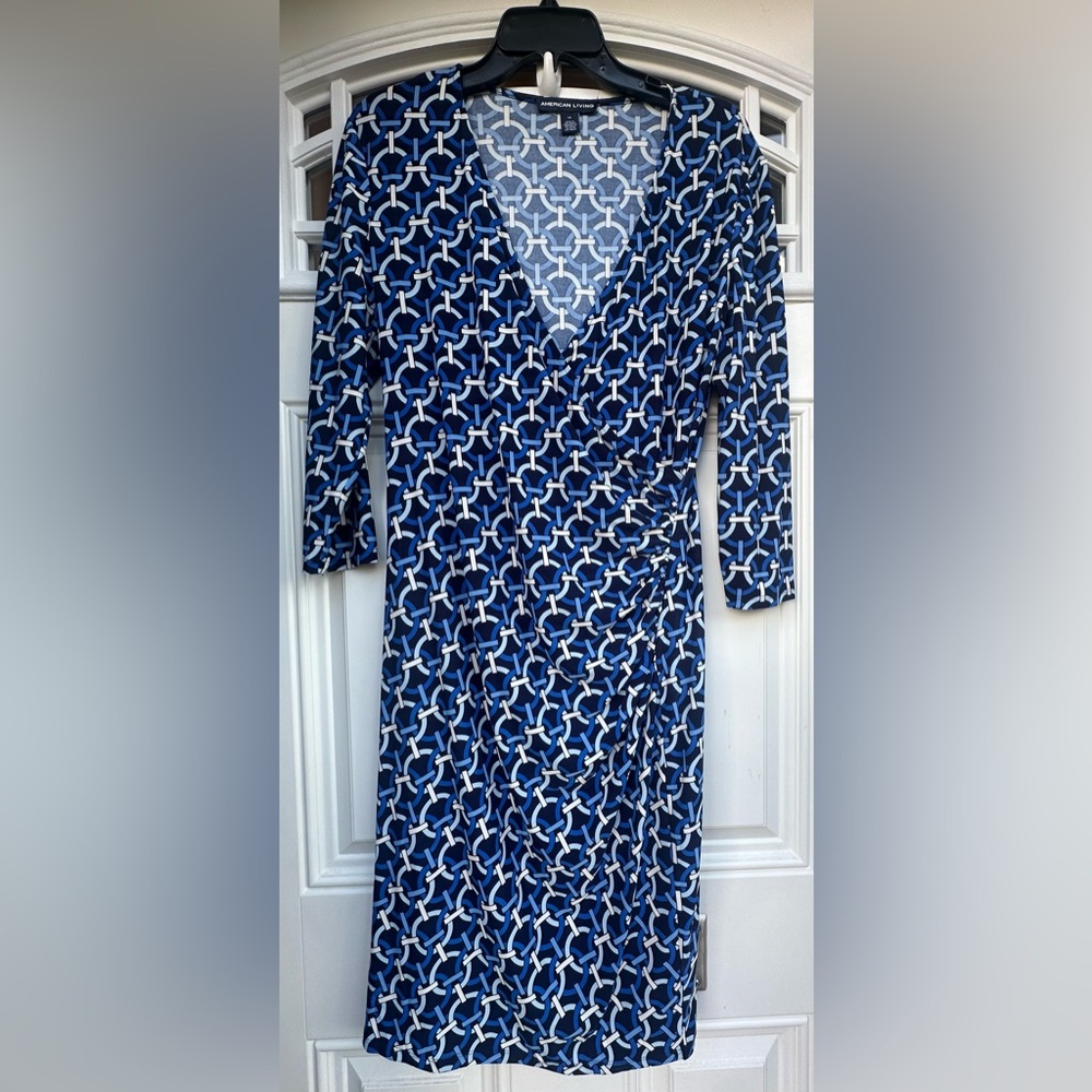 Women’s Wrap Dress American Living Size 14 Navy, Blue, Black Geometric Print